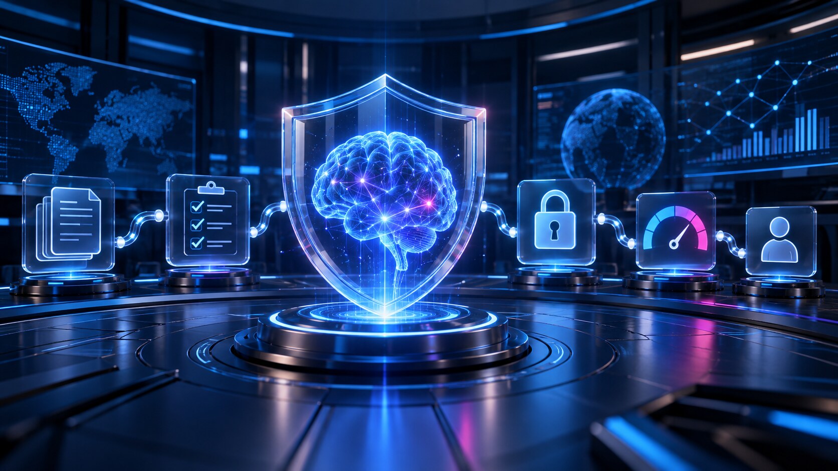 Núcleo de inteligencia artificial protegido por un escudo y conectado con controles de auditoría, privacidad, riesgo y supervisión humana