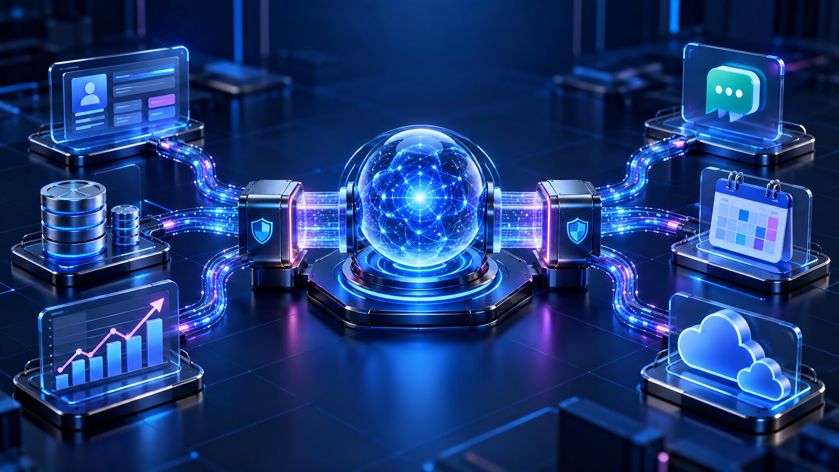 Núcleo de inteligencia artificial conectado de forma segura con CRM, base de datos, mensajería, calendario y nube